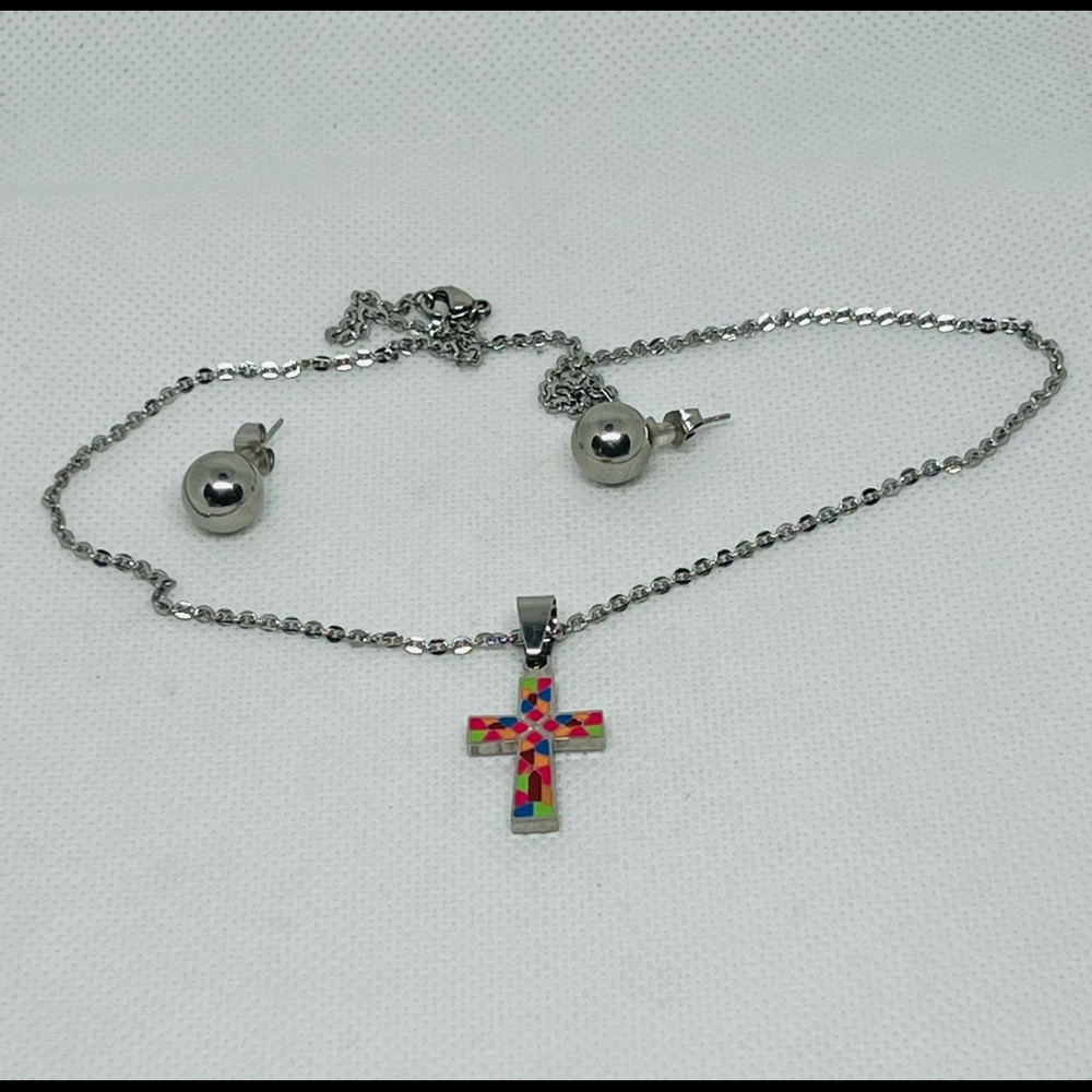 Stainless Steel Cross Colors, Chain & Earrings Set